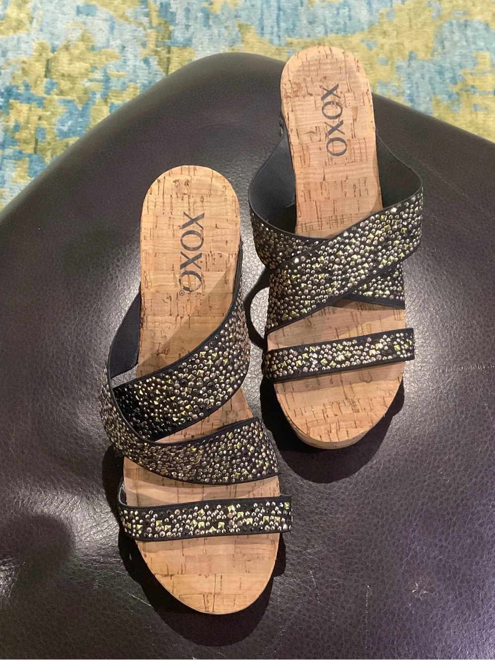 XOXO Black Rhinestone Cork Wedge Sandals